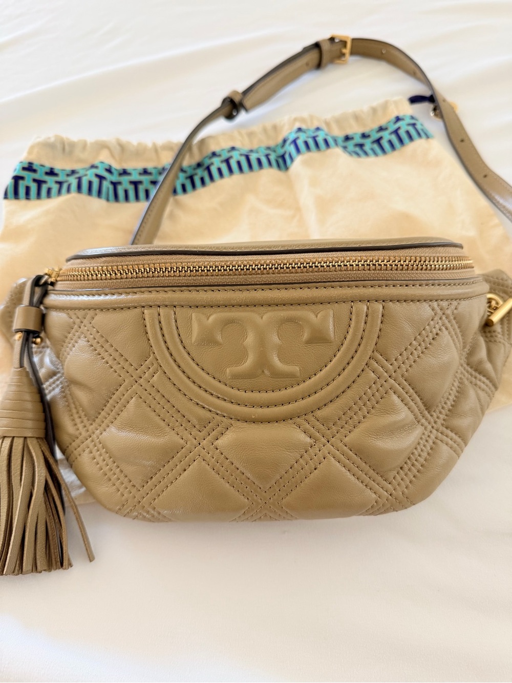 Tory Burch Quilted Fleming Tan Belt Bag with Tassel